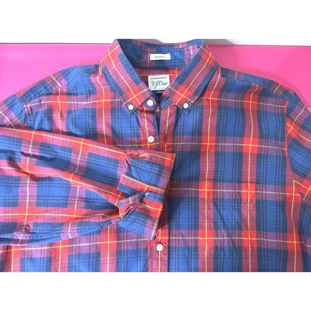 J. CREW Mens Blue Red Plaid Button Down Shirt Sz L Classic Fit Casual Timeless